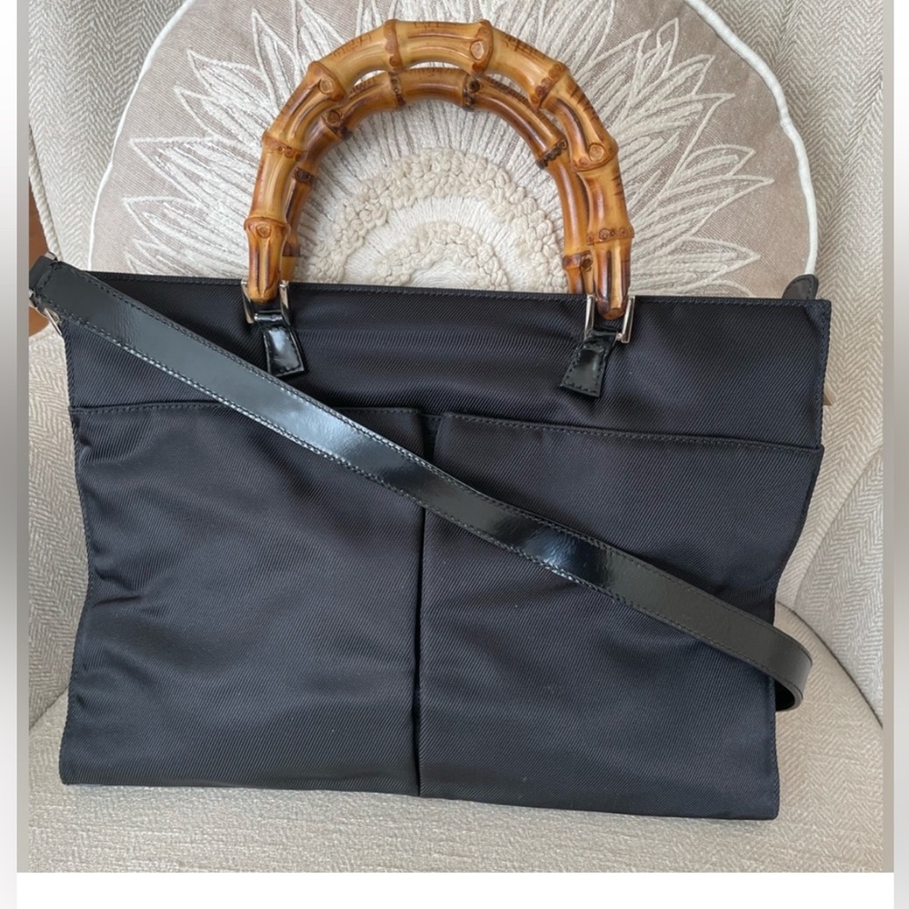 GUCCI Bamboo Authentic Black Patterned Nylon Bag 2 Way